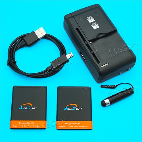 AceSoft Combo Pack - 2X 950mAh High Capacity Battery + Multi-Function Wall Charger with USB Cable & Stylus for Alcatel OneTouch A392CC - Perfect for Home, Office & Travel Charging Needs