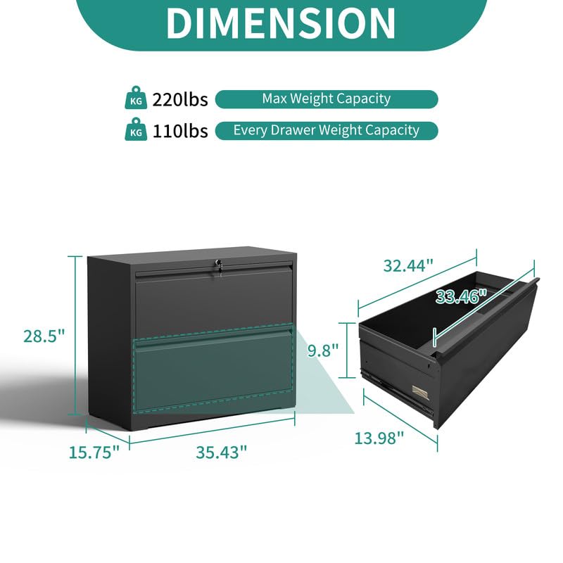 2-Drawer Lateral File Cabinet with Lock - Black Metal Filing Cabinet for Home Office, Steel Storage Cabinet for Letter/Legal/F4/A4 Files with Hanging Bars - Perfect for Organizing Documents in Office, Study Room or Home Workspace (Assembly Required)