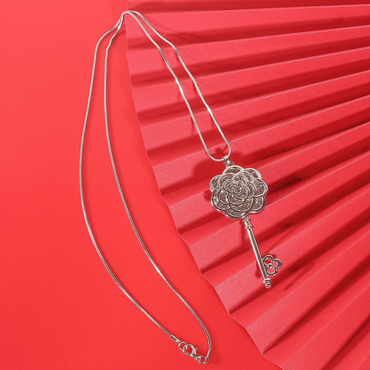 Long Sweater Pendant Necklaces for Women - Multi-Layer Y Necklace with Rose Flower Key Charm in Silvertone | Fashion Jewelry for Everyday Wear & Special Occasions