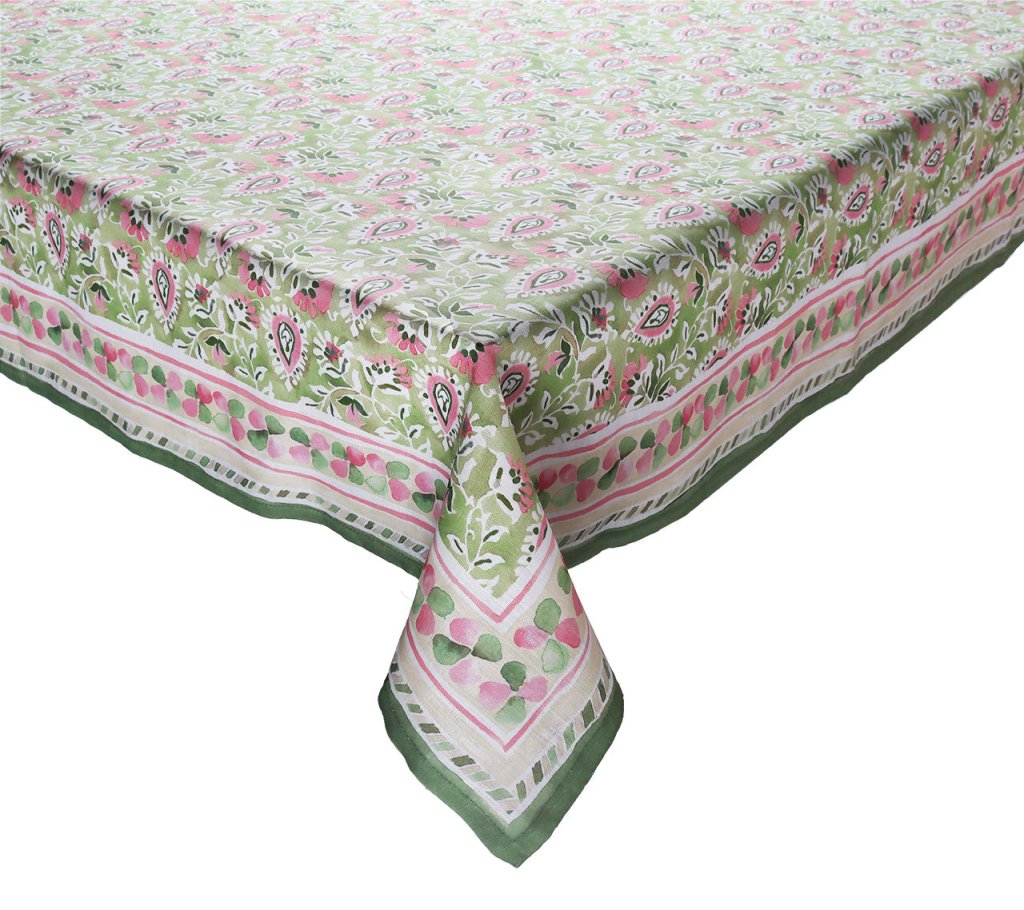 Premium Mira Tablecloth in Green & Pink - Elegant Dining Decor for Weddings, Parties & Home Decor