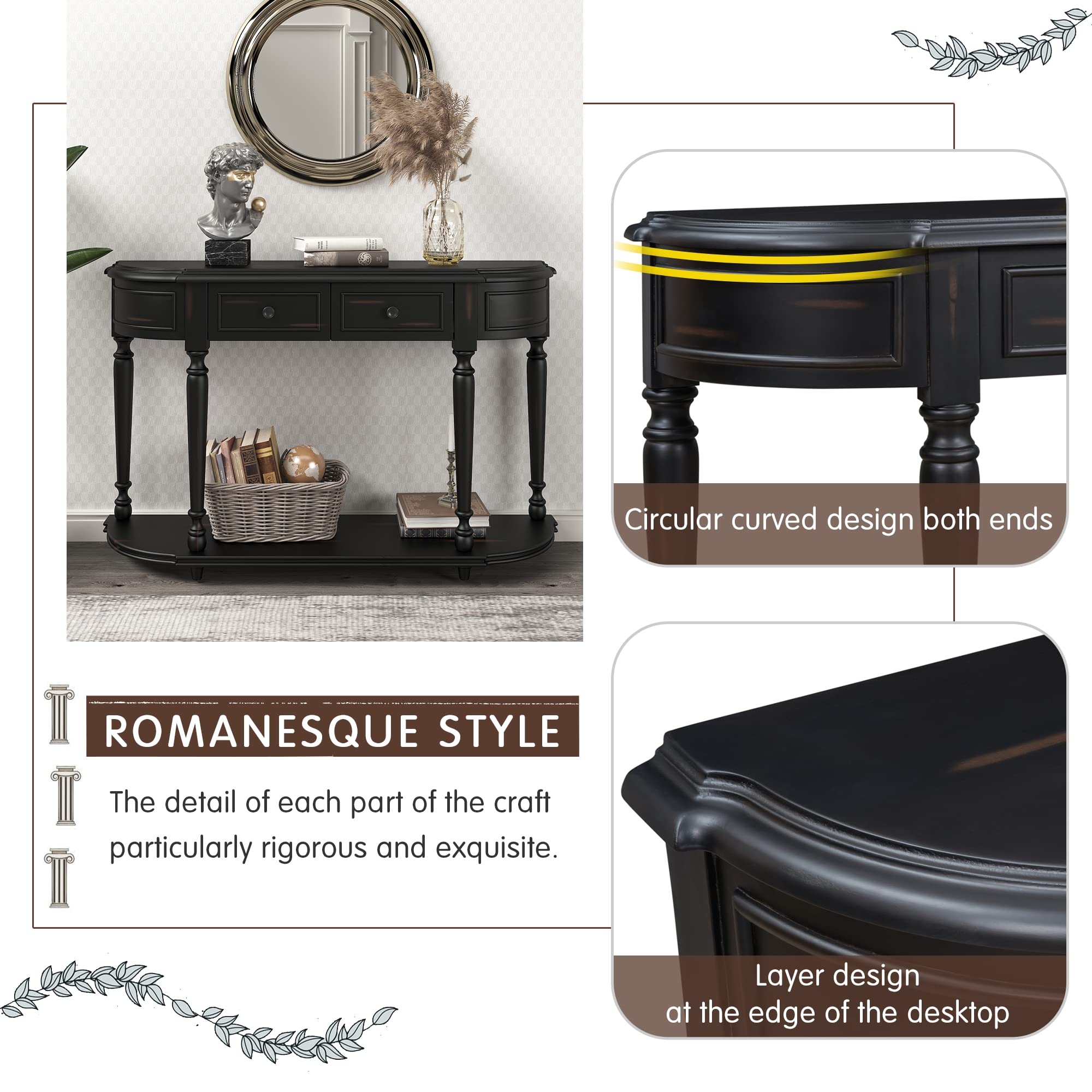 Vintage Curved Console Table with 2 Drawers - Solid Wood Frame Entryway Sofa Table for Living Room, Kitchen & Hallway - Black