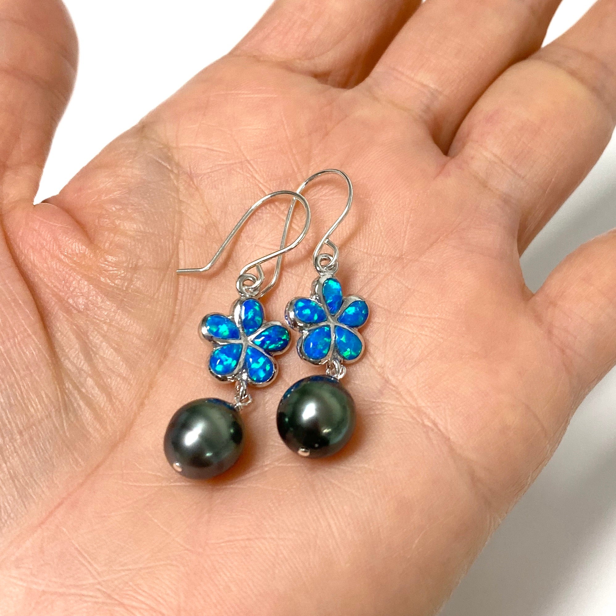 Opal Plumeria & Tahitian Pearl Earrings (E573) - Elegant Dangle Earrings for Women, Perfect for Weddings, Parties & Special Occasions