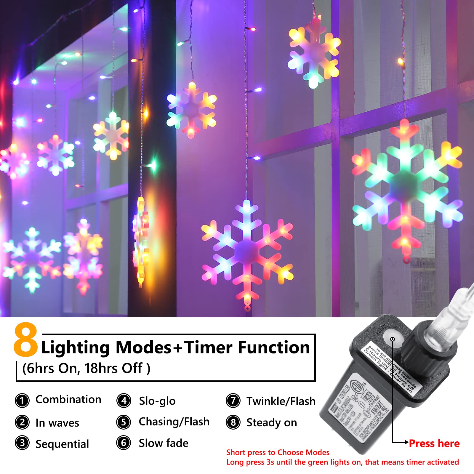 Toodour 17.22ft 264 LED Connectable Snowflake Icicle Christmas Lights - Waterproof Outdoor String Lights with 22 Drops & 8 Lighting Modes for Windows, Eaves, Curtains - Perfect for Holiday Decorations, Xmas Tree, Party, Garden, and Indoor/Outdoor Festive Lighting