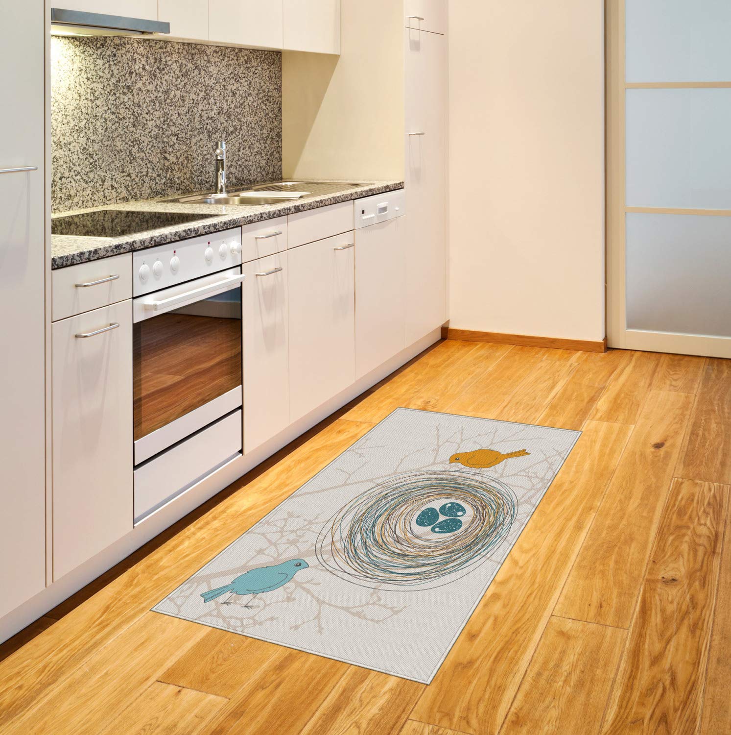 Ambesonne Birds Area Rug - Heartwarming Parent Birds Watching Eggs in Nest Design, Non-Slip Flat Woven Accent Rug 2.6' x 5' in Yellow & Blue - Perfect for Living Room, Bedroom, Nursery Decor & Cozy Home Accents