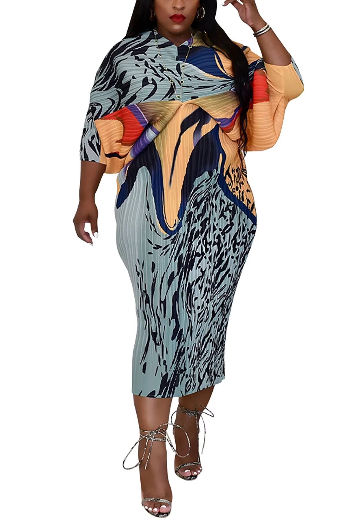 Stylish African Print Midi Dress for Women - Floral V-Neck Pleated Maxi Dress Plus Size | Perfect for Parties, Weddings & Casual Outings