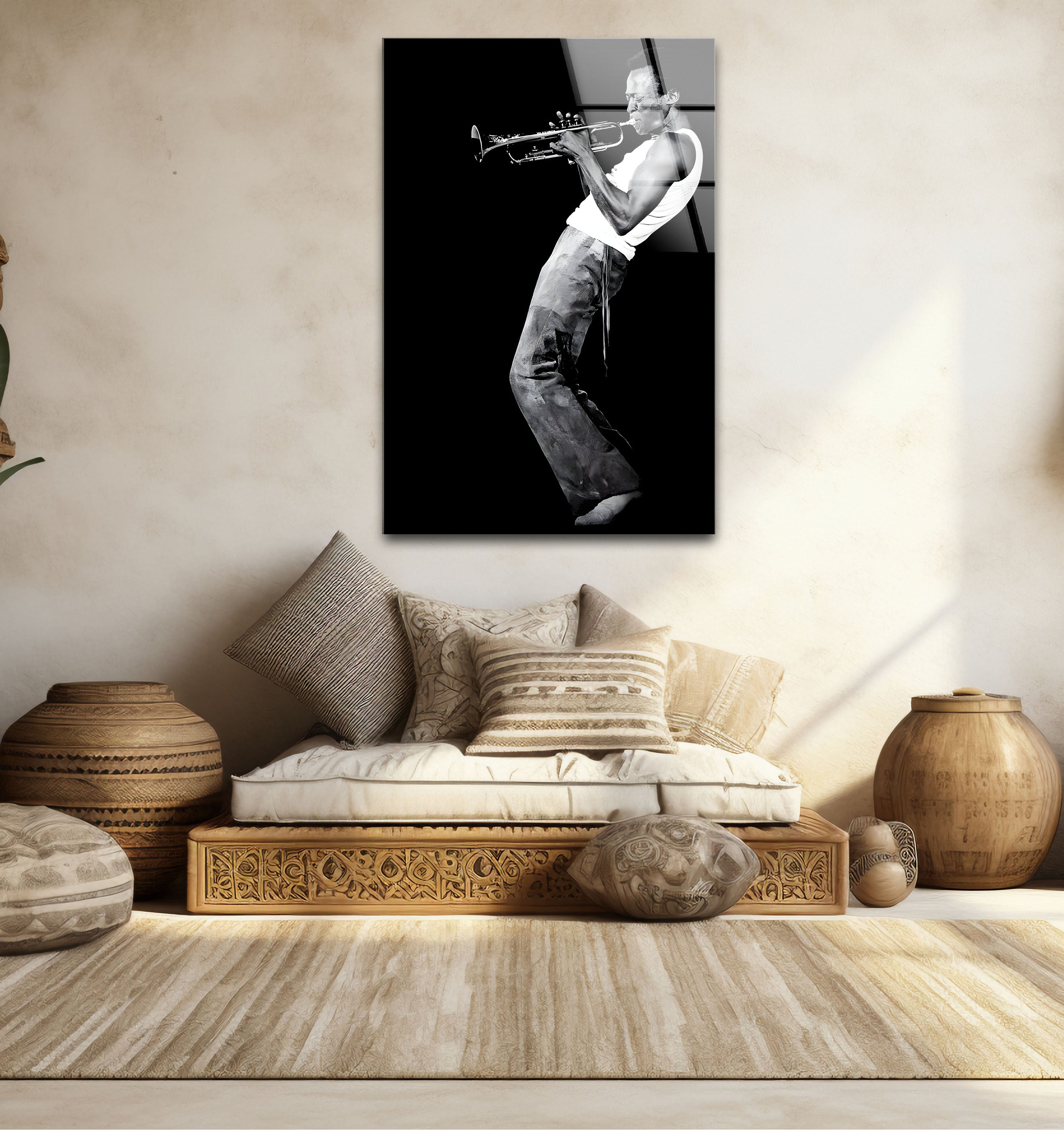 Black & White Miles Davis Musician Glass Wall Art - Jazz Decor for Living Room, Office & Music Studio - Perfect Gift for Jazz Lovers