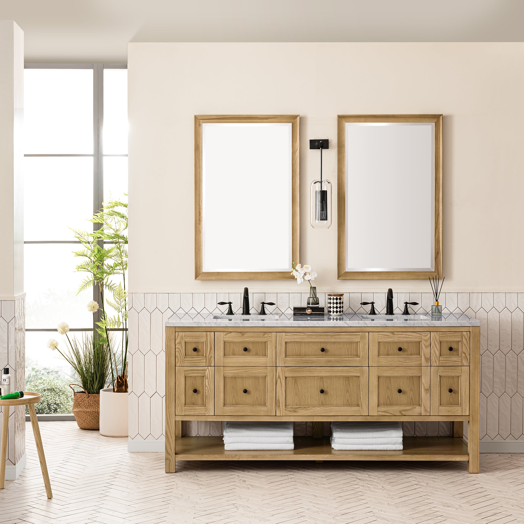 Breckenridge 72 Inch Double Vanity with Light Natural Oak Finish and 3CM Carrara Marble Top - Perfect for Modern Bathroom Renovations and Master Suite Upgrades