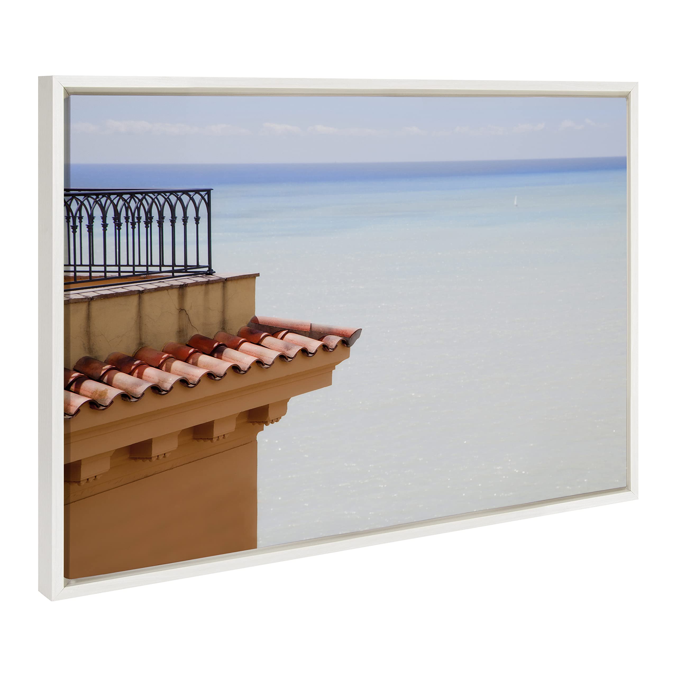 Kate & Laurel Sylvie Castle Hill Framed Canvas Wall Art - 23x33 Inches, White - French Riviera Coastal Decor for Living Room, Bedroom & Office