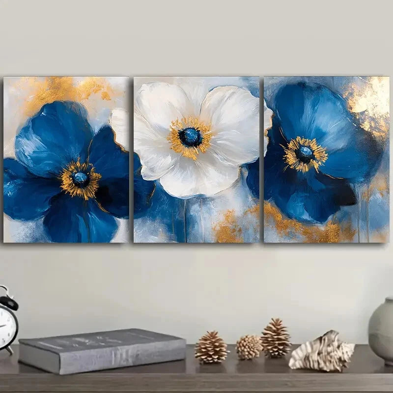 3-Piece Abstract Blue Poppies Metal Wall Art - Ready to Hang Canvas Prints for Living Room, Bedroom & Office Decor