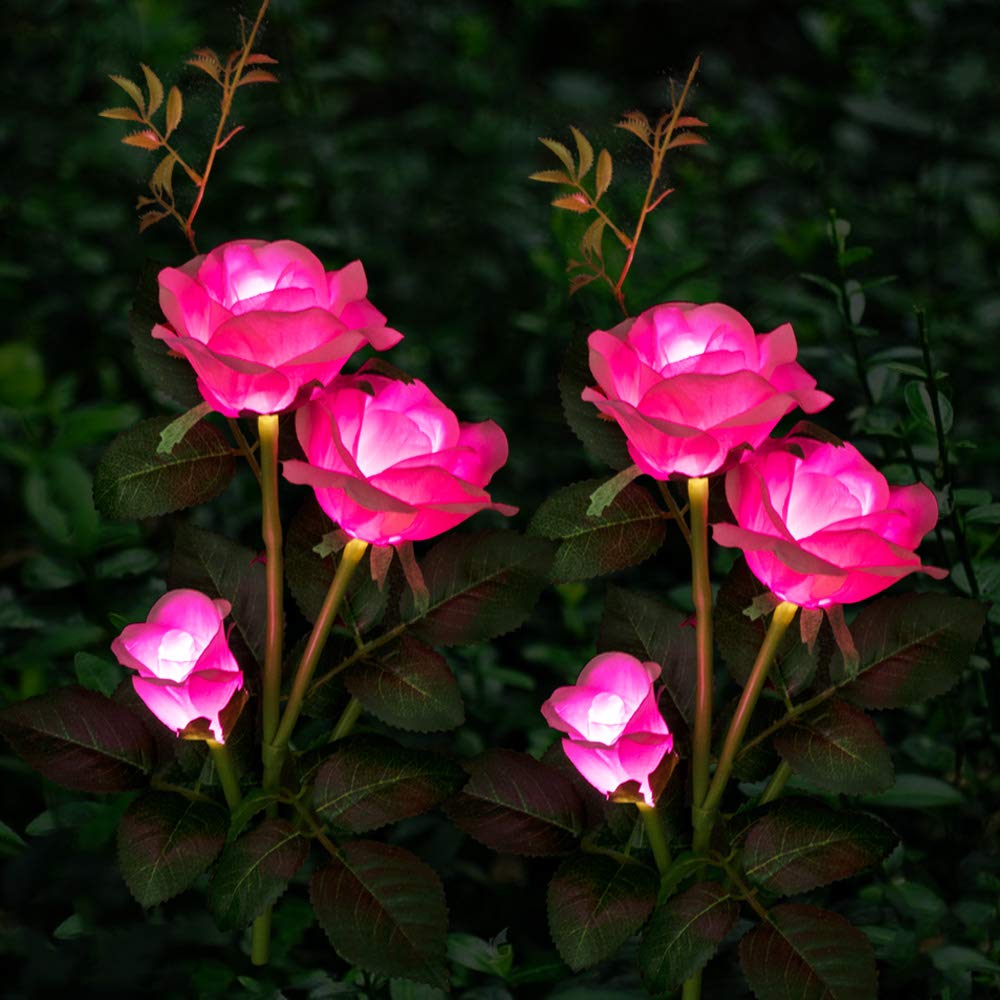 Solar Powered Garden Lights - 2 Pack Waterproof Outdoor Solar Lights with Pink Rose Design for Yard, Patio, Pathway & Flower Bed Decor | Perfect for Landscape Lighting, Backyard Ambiance & Nighttime Safety