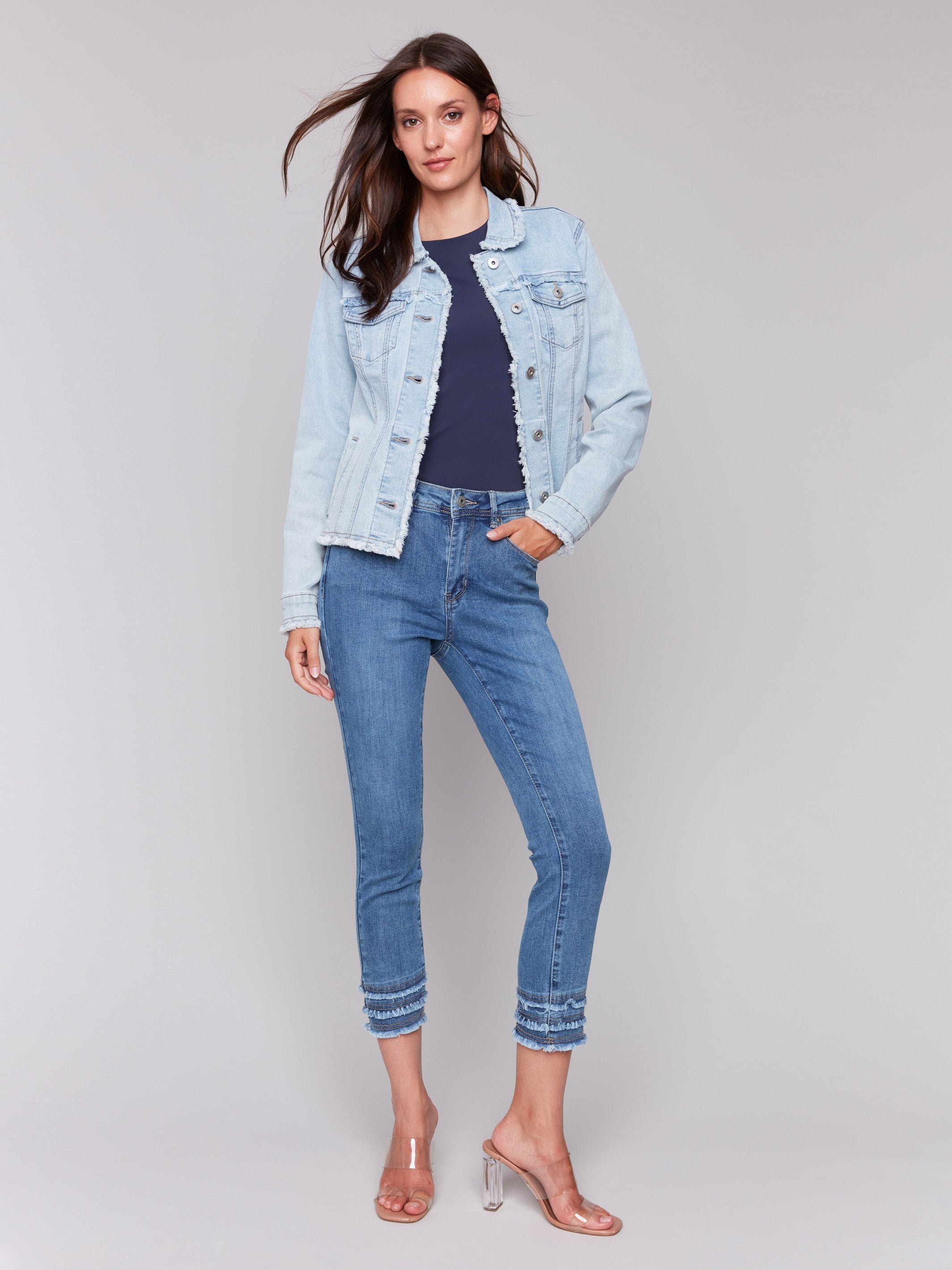 Frayed Edge Stretch Denim Jacket - Bleach Blue Wash | Distressed Denim Coat for Women | Perfect for Casual Outfits, Street Style & Fall Layering