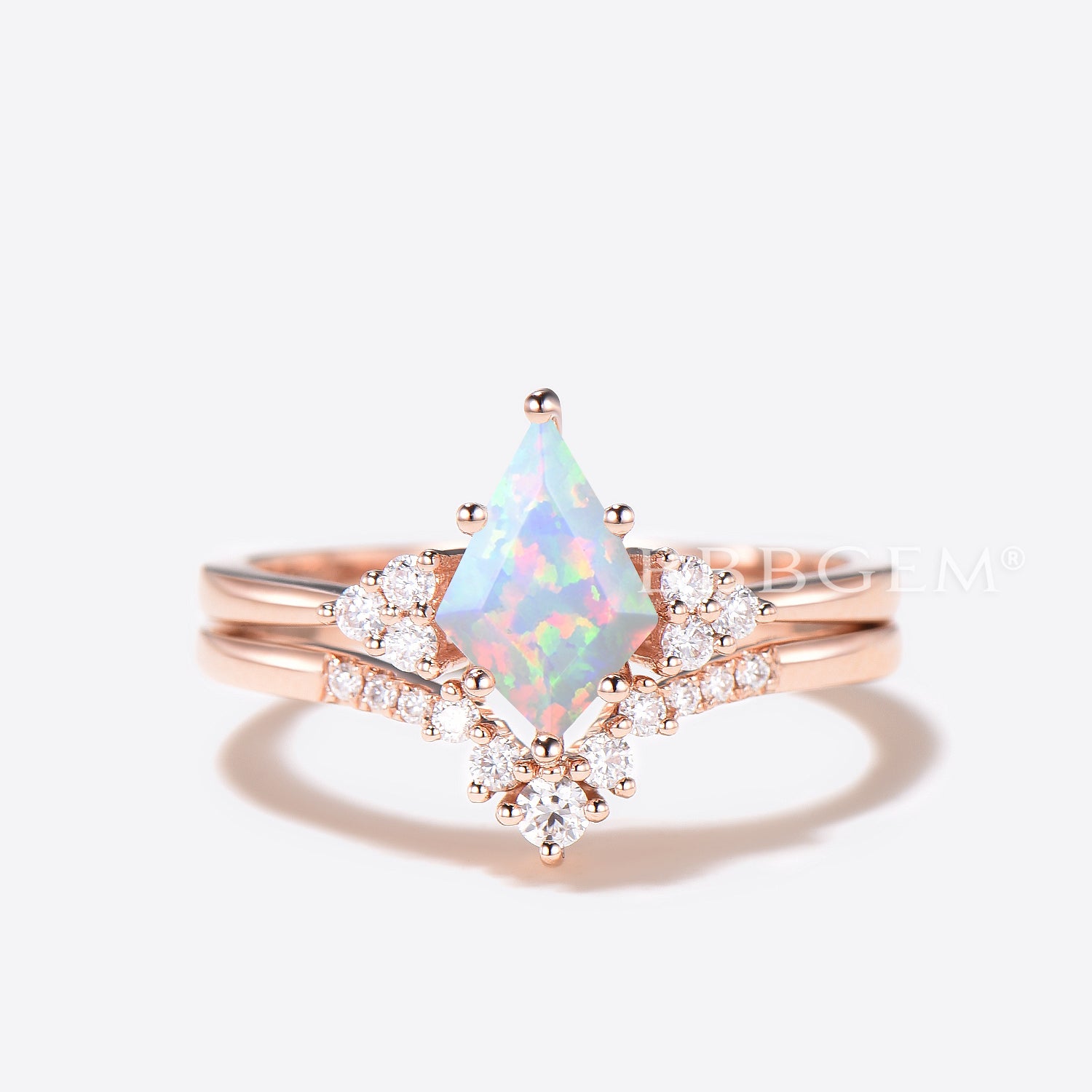 White Opal Diamond Cluster Engagement Ring Set - Elegant Kite Cut Bridal Jewelry for Weddings & Proposals
