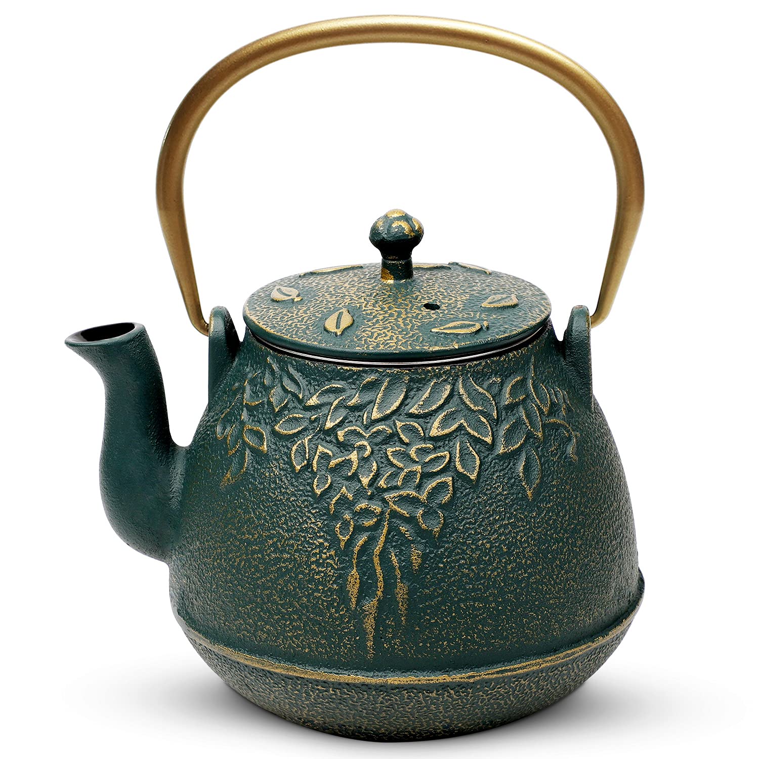 TOPTIER Japanese Cast Iron Teapot with Infuser - 40oz (1200ml) Enameled Interior Stovetop Safe Tea Kettle - Traditional Leaf Design in Dark Green - Perfect for Home, Office & Tea Ceremonies