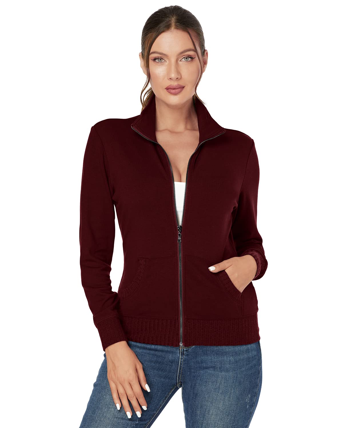 J.Corrine Women's Stand Collar Zip Up Sweatshirt Jacket - Long Sleeve Running Track Coat with Pockets - Navy Blue - Perfect for Jogging, Gym Workouts & Casual Outfits