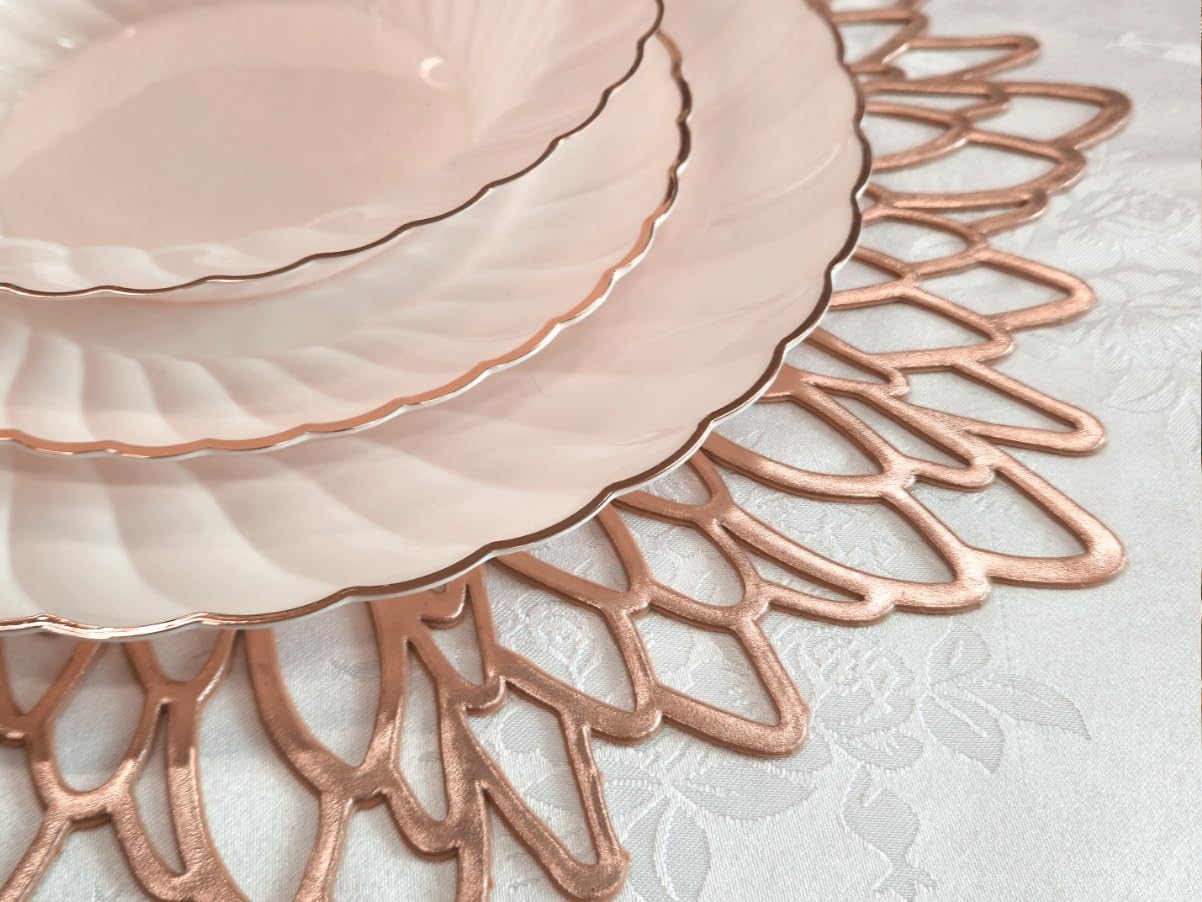 40-Pack Metallic Pressed Vinyl Placemats for Weddings & Events - Elegant Rose Gold Leaf Design - Perfect for Dining Tables, Party Decor & Centerpiece Accents