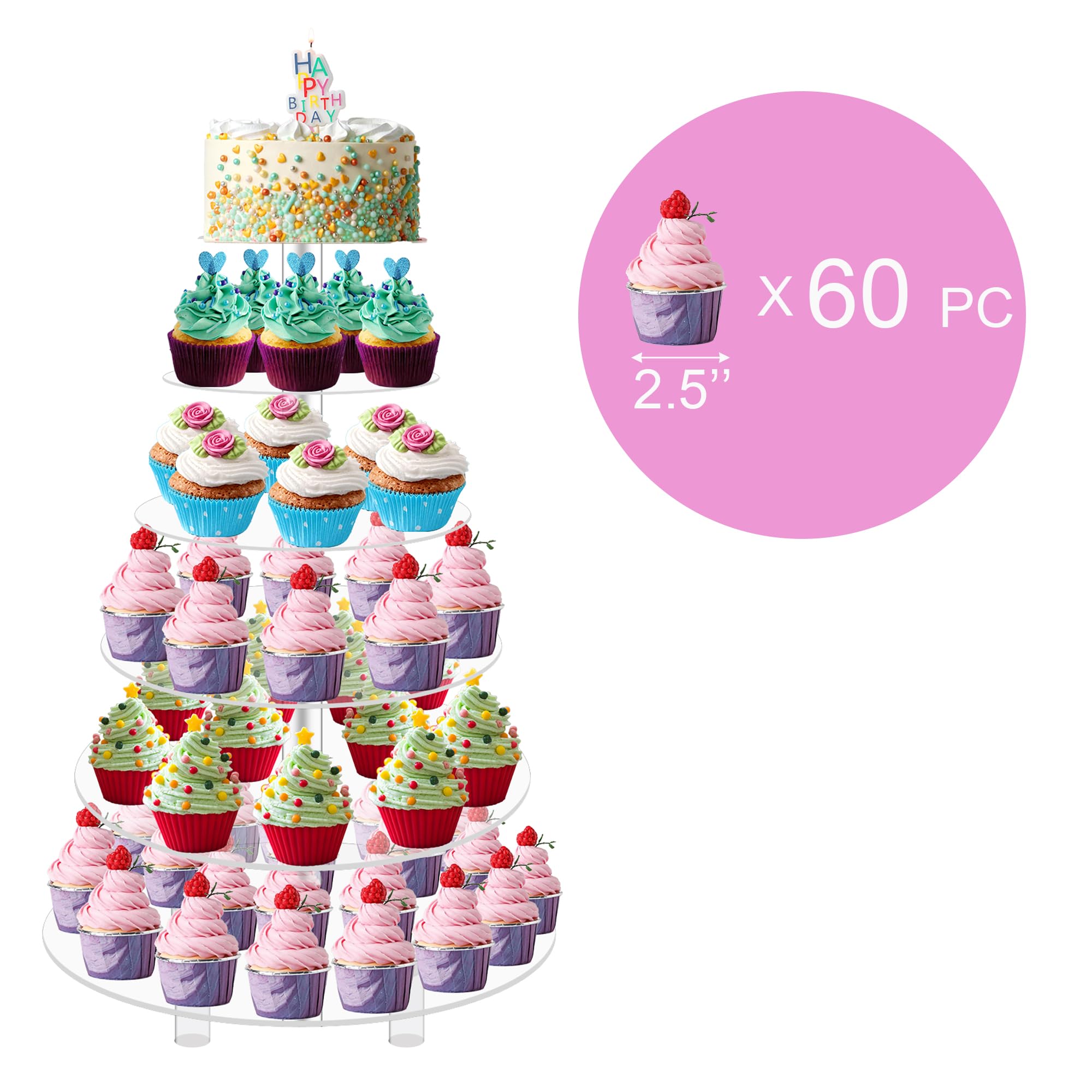 Jusalpha® 6-Tier Round Acrylic Cupcake Stand - Cake Display Tower for Desserts, Parties & Weddings (6RF-S with Base) - Perfect for Birthday Celebrations, Baby Showers & Buffet Serving