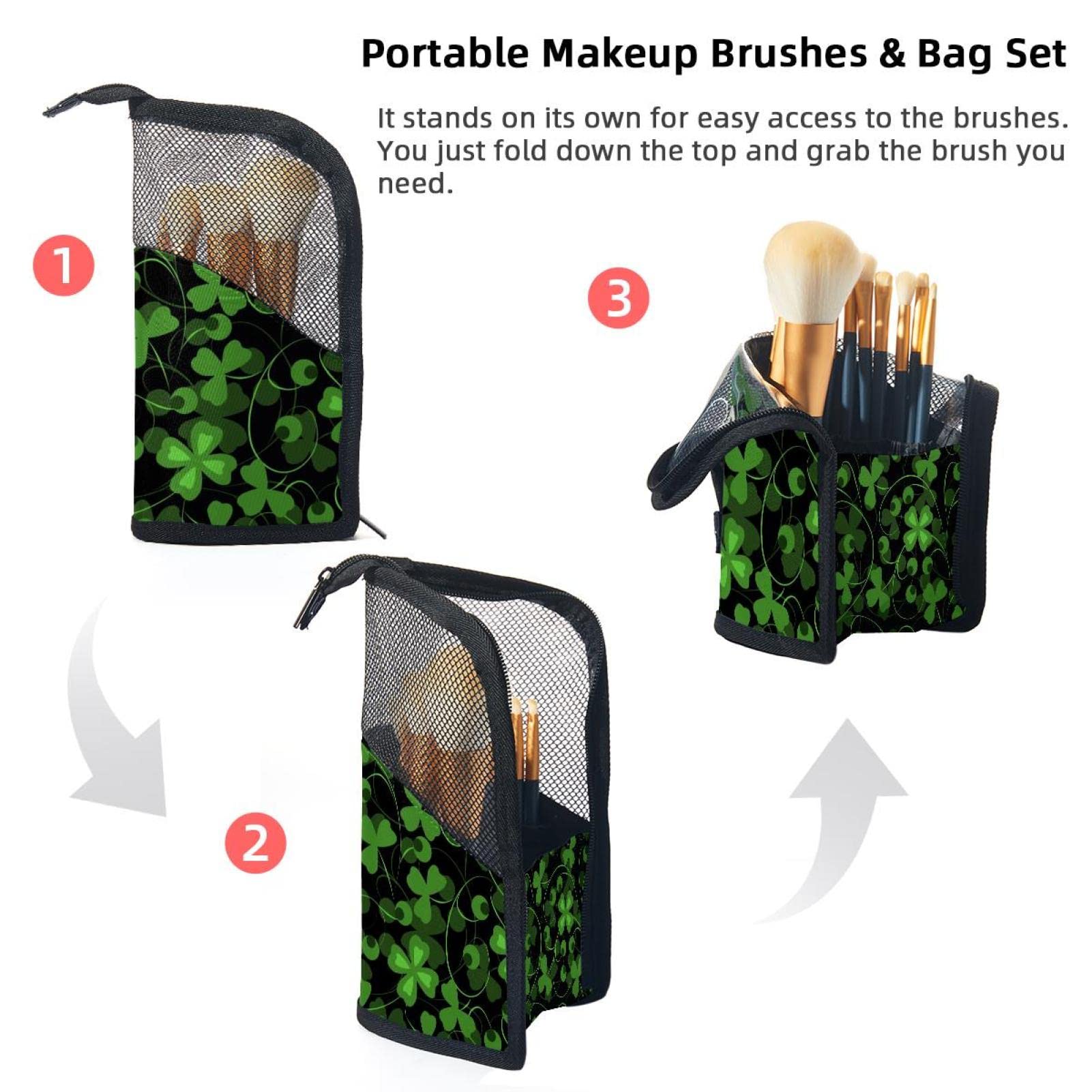 Portable Makeup Brush Organizer Bag with 12 Slots - Lucky Clover Leaf Design Travel Cosmetic Brush Holder Case for Professional Makeup Artists & On-the-Go Beauty Essentials