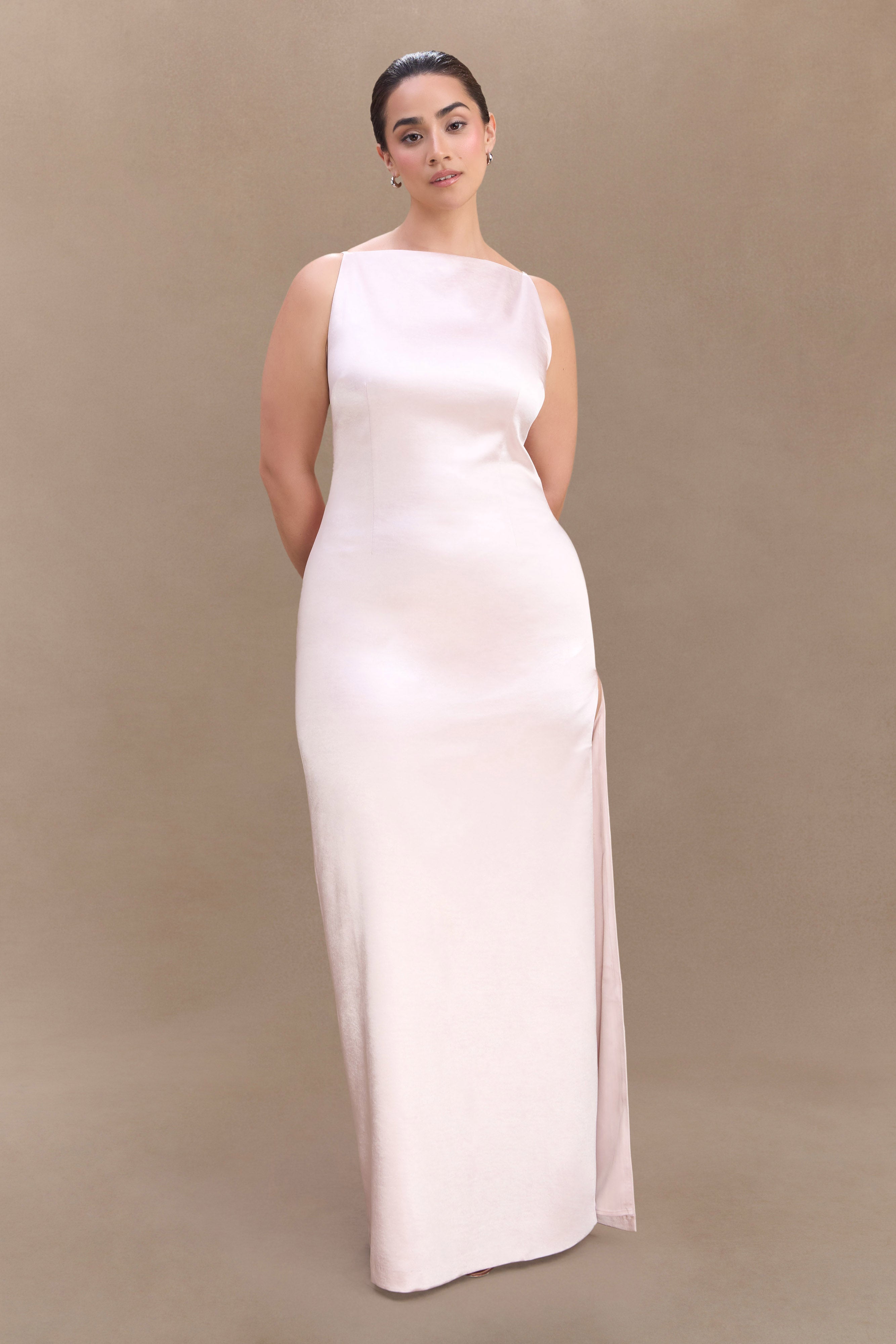 Elegant Violet Sleeveless Satin Maxi Dress for Women - Soft Pink Flowy Formal Gown - Perfect for Weddings, Parties & Special Occasions