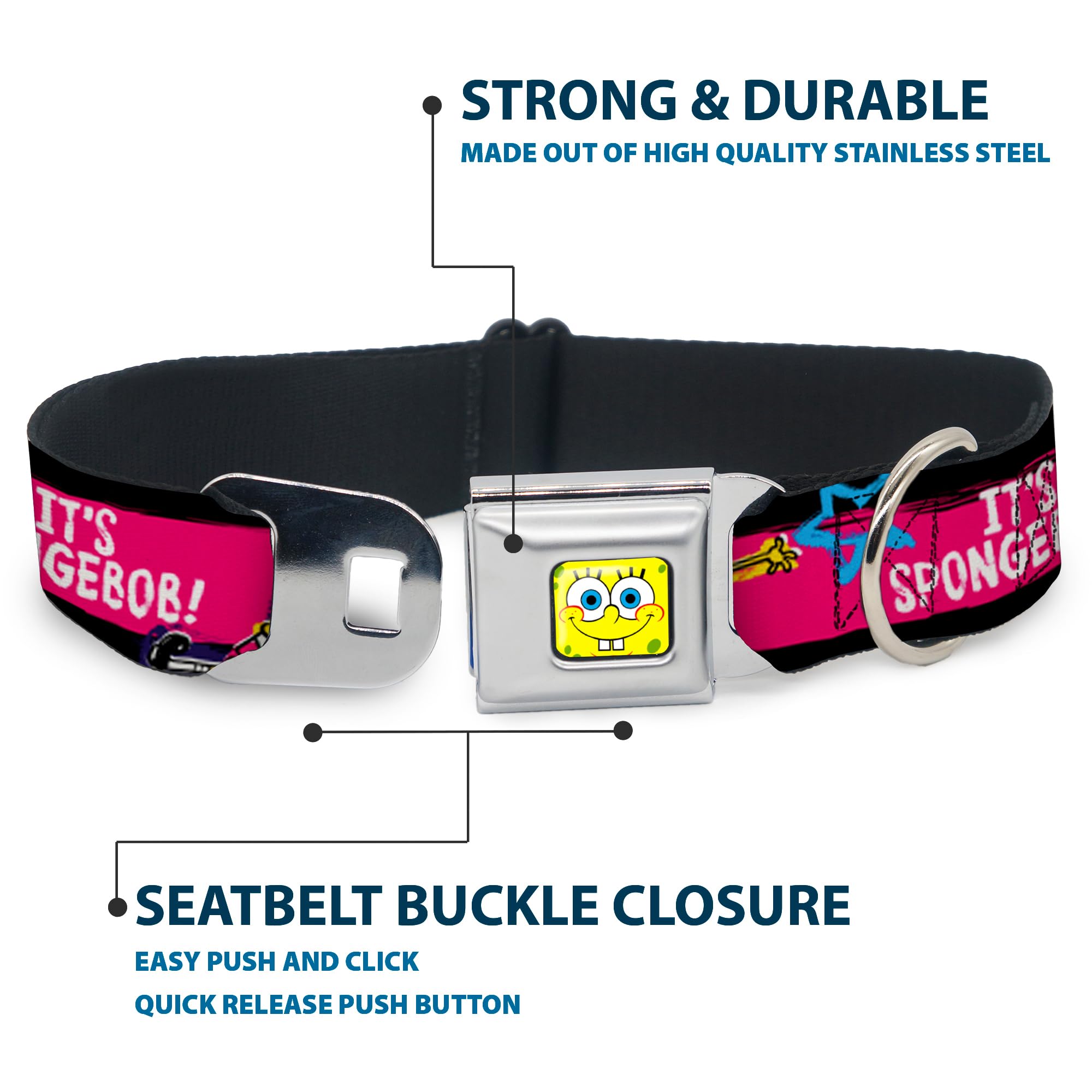 Spongebob Dog Collar with Seatbelt Buckle - Adjustable 16-23 Inch Pet Collar in Black, Pink, Blue & White - 1.5 Inch Wide for Small to Medium Dogs - Perfect for Walks, Training & Costume Play