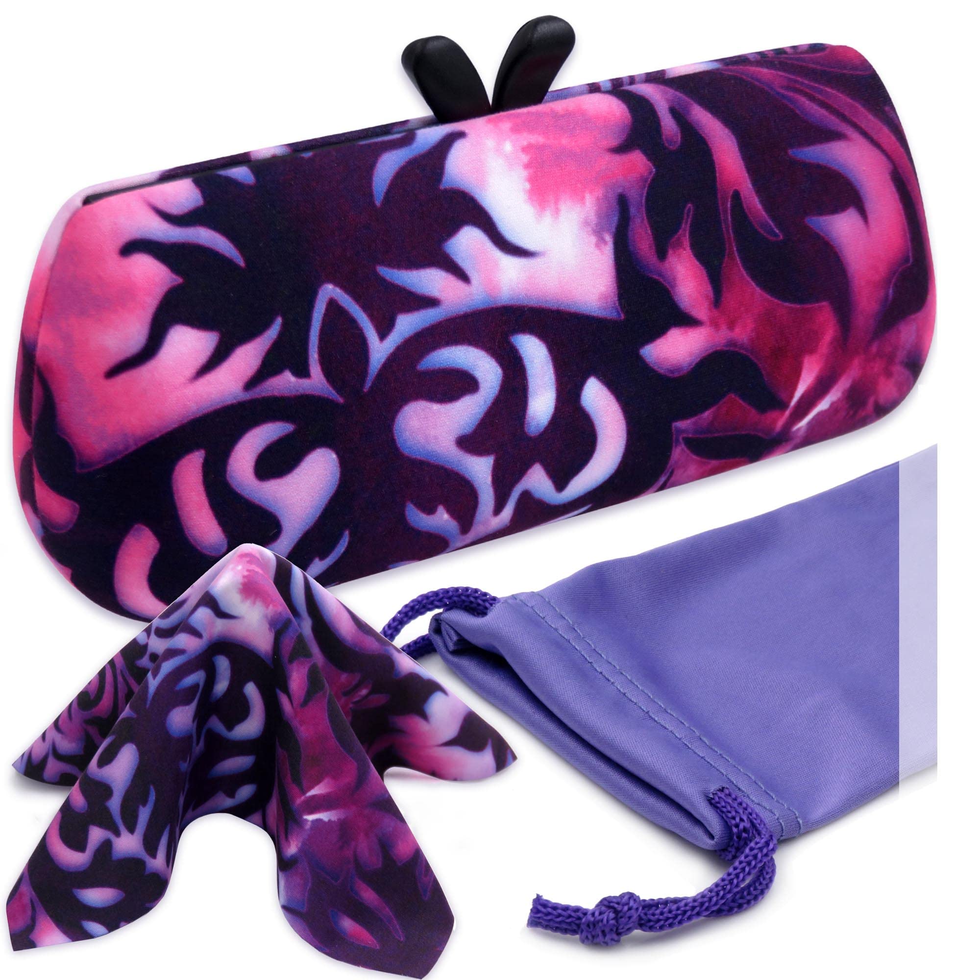Stylish Women's Hard Glasses Case - Cute Small Sunglasses Holder with Handle - Fashionable Eyeglass Storage with Drawstring Pouch & Cleaning Cloth | Perfect for Travel, Work & Everyday Use