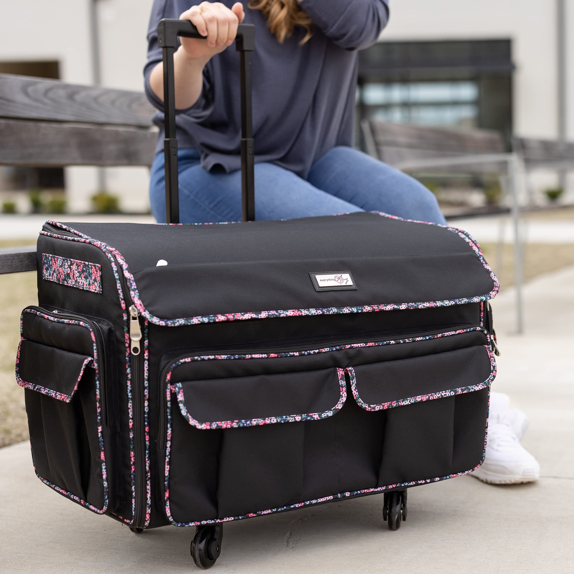 Everything Mary XXL Rolling Sewing Tote Bag - Universal Travel & Craft Storage Case for Brother/Singer Sewing Machines (Black Floral) - Perfect for Sewing Classes, Quilting Projects & Machine Transport