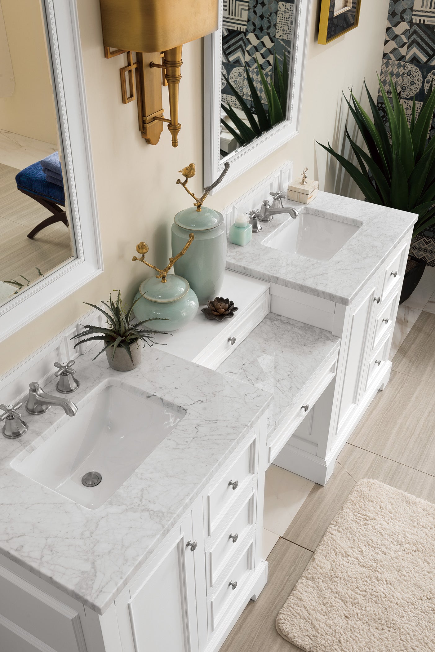 De Soto 82 Inch Double Vanity Set with Makeup Table - Bright White Finish & 3CM Carrara Marble Top for Bathroom or Bedroom Makeup Area