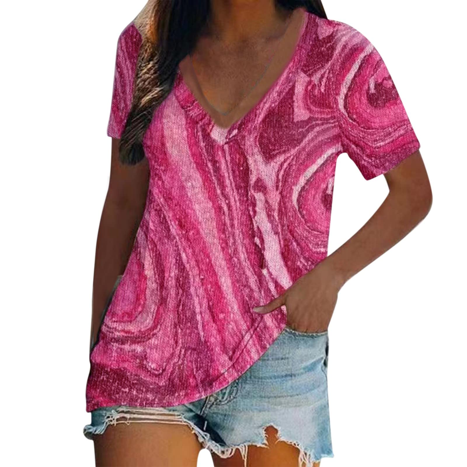 Women's Summer Short Sleeve V-Neck Tie-Dye Printed T-Shirt - Casual White Tee for Women | Perfect for Beach Outings, Music Festivals & Everyday Wear