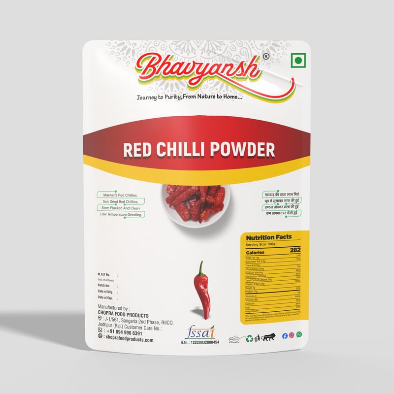 Organic BHAVYANSH Premium Red Chili Powder - 500g | Pure & Spicy Lal Mirchi Powder for Cooking, Curry, BBQ & Indian Cuisine | Gluten-Free & Non-GMO | Perfect for Seasoning, Marinades & Home Cooking