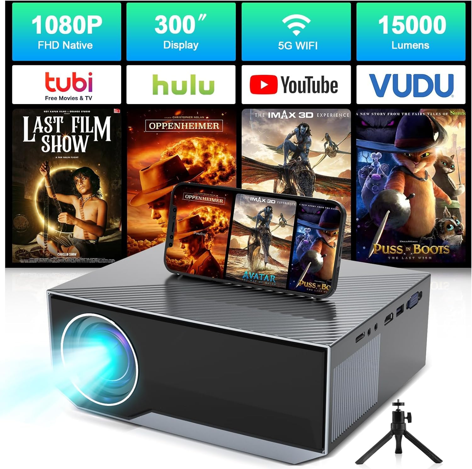 ZDK Native 1080P FHD 15000 Lumens Mini WiFi Bluetooth 4K Projector - 300 Inch Display Home Theater Projector for Movies, Gaming, Outdoor Camping | Compatible with iPhone, Android, TV Stick, Laptop, PS5