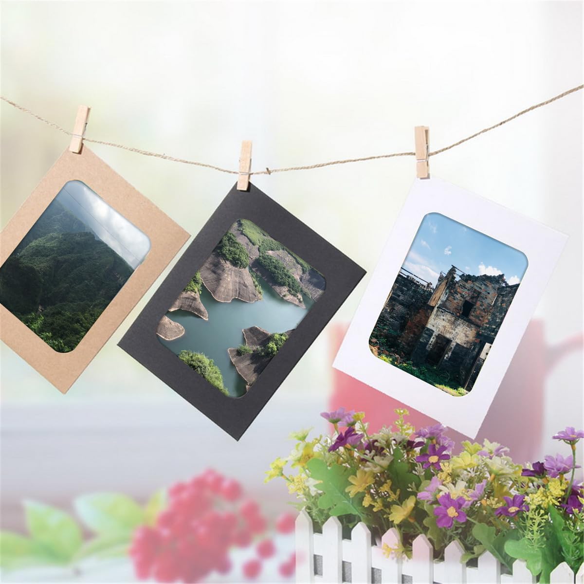 10pcs Kraft Paper Photo Frames with Wooden Clips & Jute Twine - DIY 2x3 Inch Picture Frame Mat Cardboard for Wall Decor - Perfect for Wedding, Birthday Party, Baby Shower & Home Craft Projects