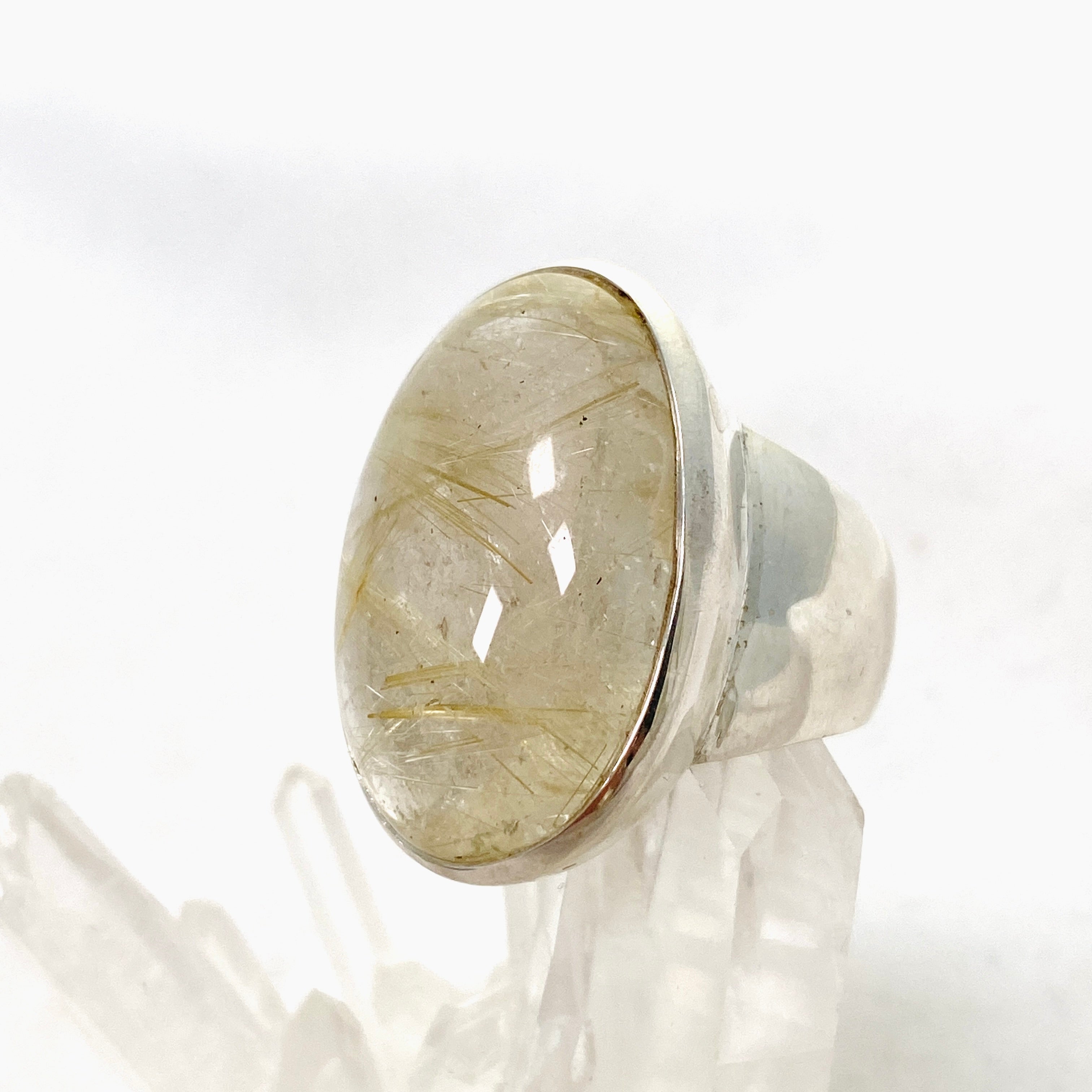 Rutilated Quartz Oval Cabochon Ring - Size 10 - 925 Sterling Silver - Handmade Boho Jewelry - Perfect for Meditation, Energy Healing & Spiritual Gifts