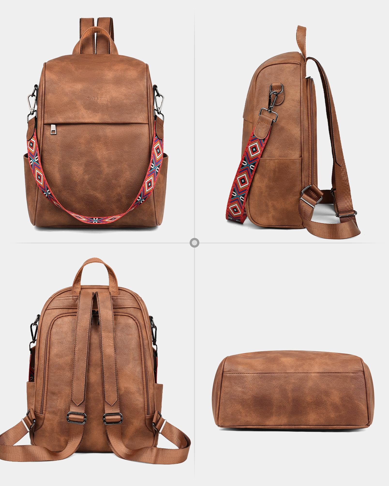 FADEON Anti Theft Backpack for Women - Stylish Faux Leather Laptop Backpack with Hidden Back Opening, Secure Work Bag & Travel Purse (Brown) - Perfect for Office, Commute & College Campus Use