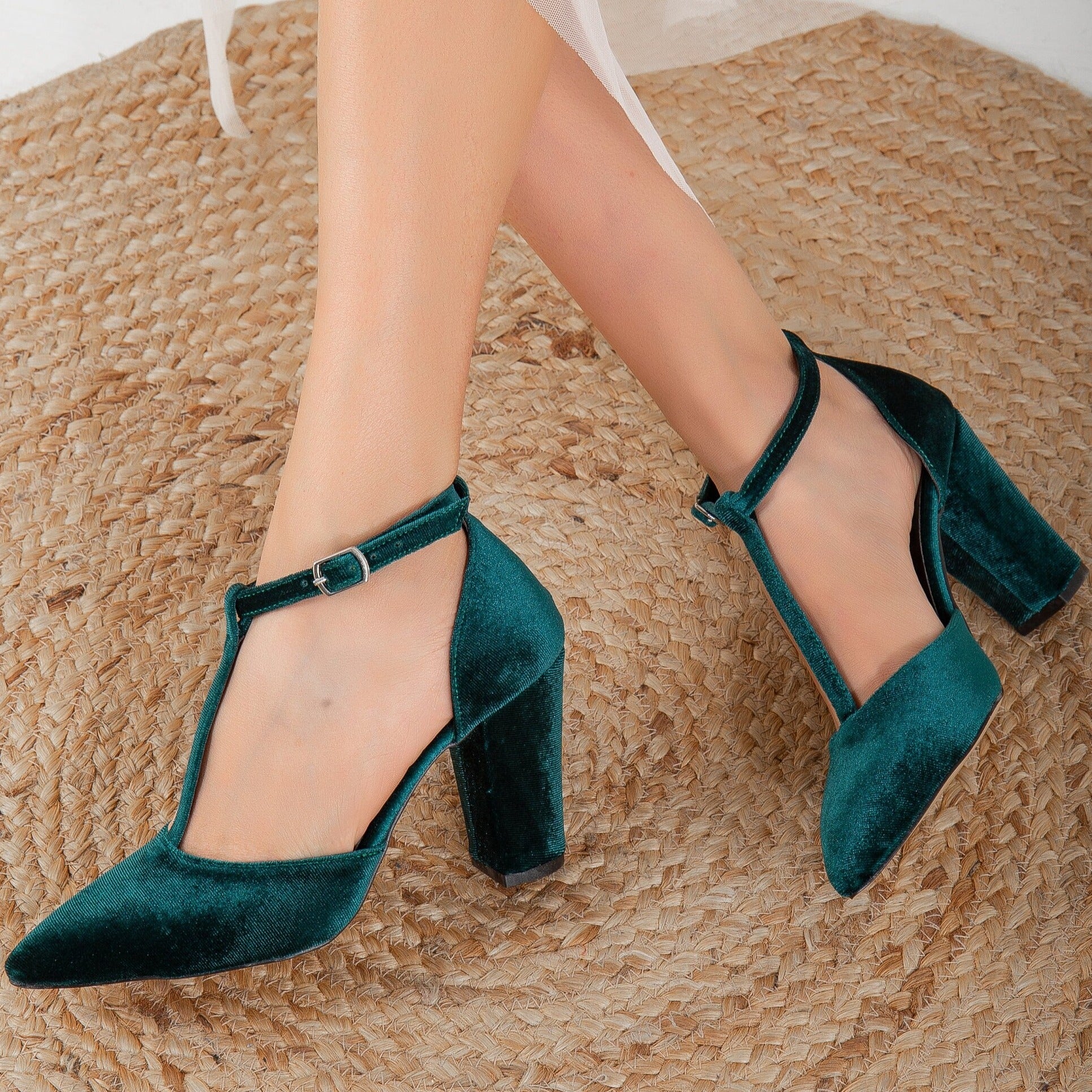Angelique Green Velvet Wedding Heels for Bride - Elegant High Heel Shoes for Bridal Party, Prom & Formal Events