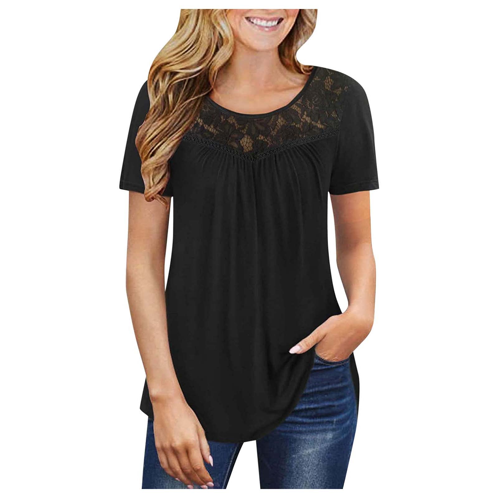 Stylish Women's Round Neck Hollow Lace T-Shirt - Plus Size Short Sleeve Blouse with Side Split Design | Perfect for Casual Wear, Office Outfits & Summer Fashion