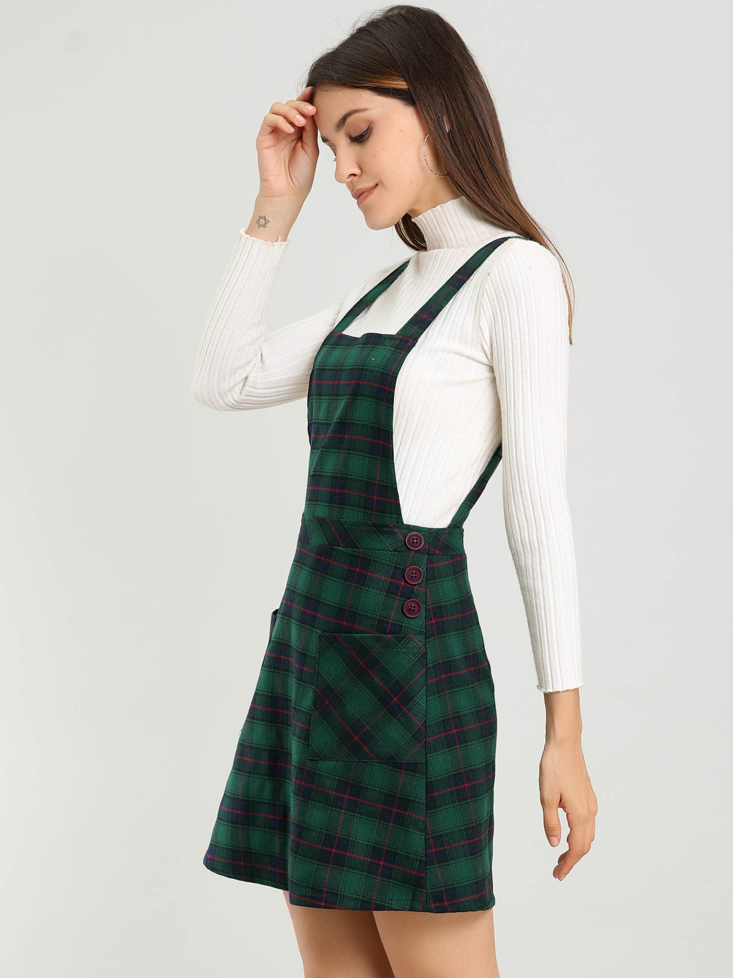 Allegra K Women's Plaid Tartan Button Decor A-Line Pinafore Jumper Dress - Stylish Casual Outfit for Fall, Winter, and Holiday Season