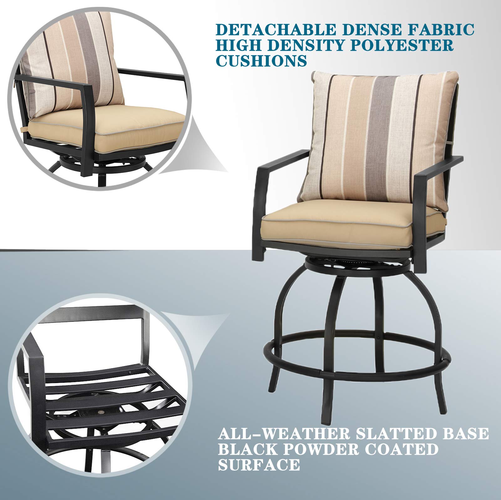 360° Swivel Patio Dining Set with Cushions - 3-Piece All-Weather Metal Bar Height Stools & Bistro Table for Outdoor, Garden, Deck, Poolside (Beige) - Perfect for BBQs, Parties & Relaxing in Your Backyard