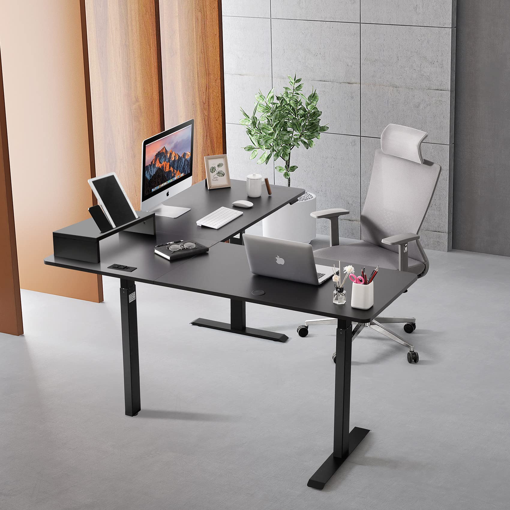 UNICOO L-Shaped Triple Motor Electric Height Adjustable Standing Desk - 60 x 60 Inch Corner Desk for Gaming & Home Office, Ergonomic Workstation with Easy Touch Control & Solid Steel Frame (Black Top/Black Frame - XOT-L3E-BB) - Perfect for Small Spaces, Streaming Setup and Productivity Boost
