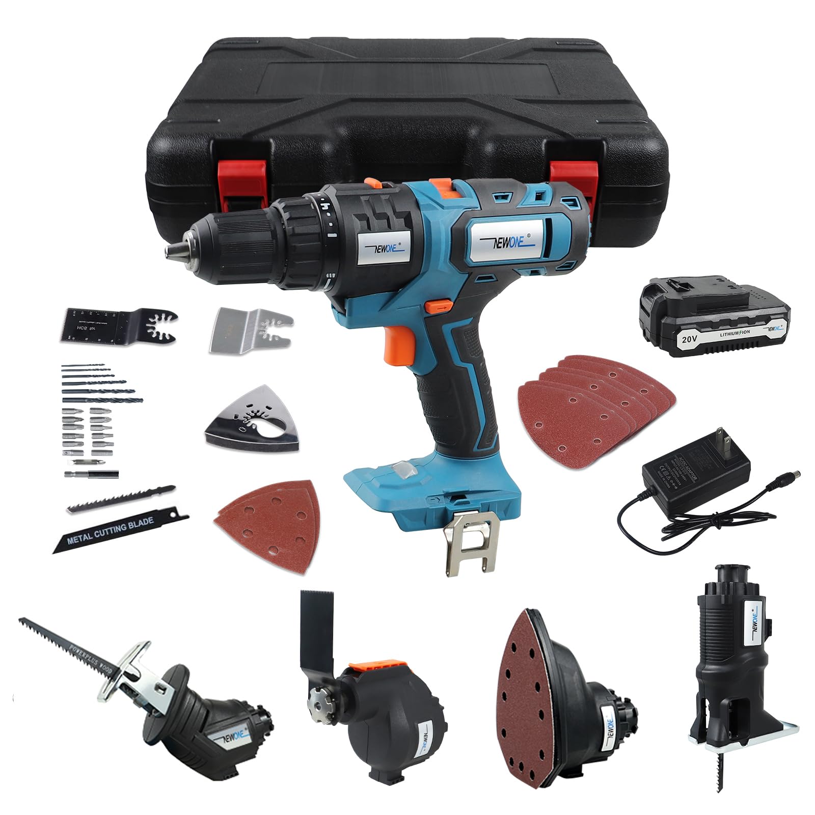 NEWONE 20V Cordless 5-Tool Combo Kit with Drill, Reciprocating Saw, Jigsaw, Oscillating Tool & Sander - Includes 2.0Ah Lithium Battery, Charger & Storage Case - Perfect for DIY Projects, Home Repairs & Woodworking Tasks