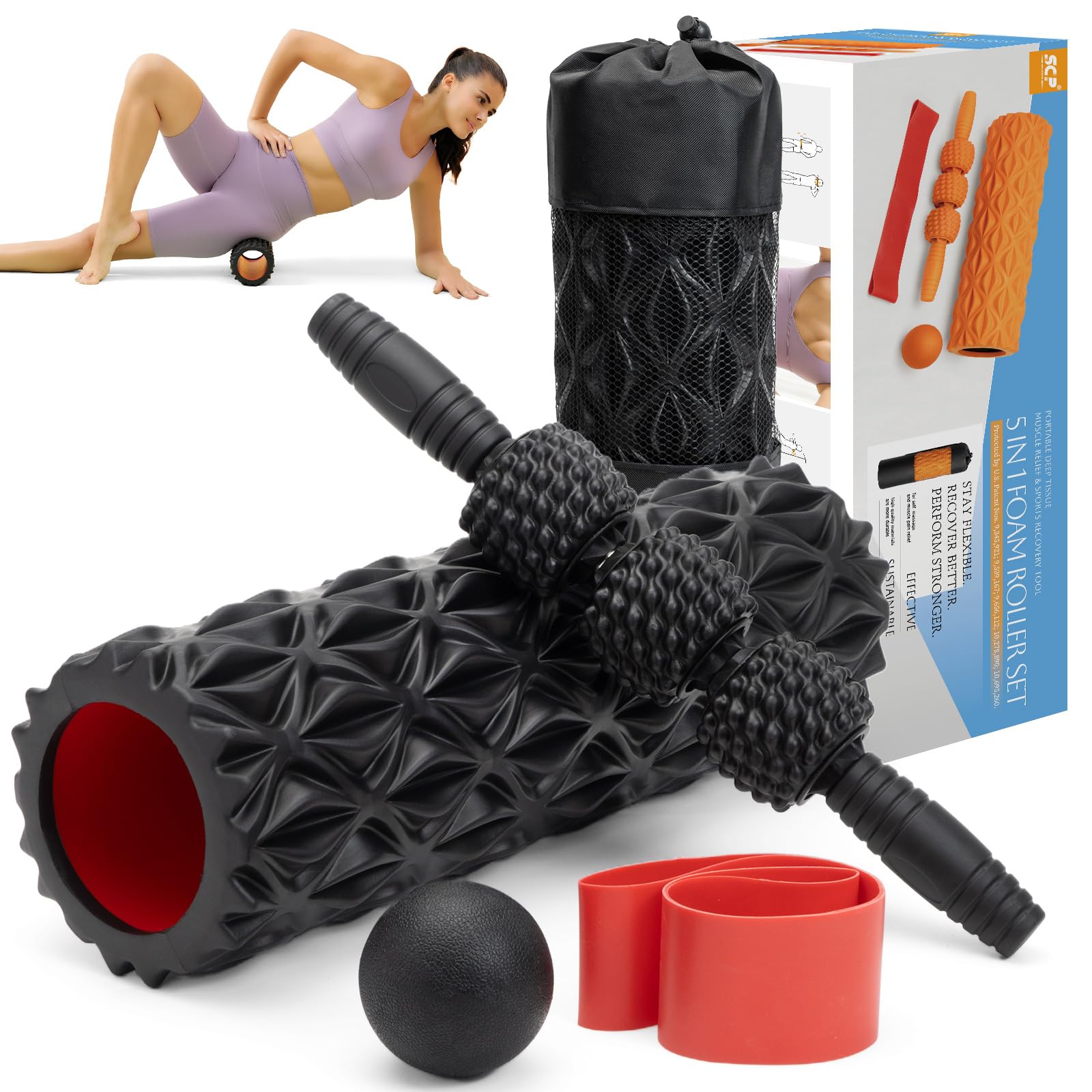 5-in-1 High Density Foam Roller Set for Deep Tissue Massage - Includes Exercise Foam Roller, Massage Ball, Resistance Band & Trigger Point Roller for Full Body Recovery | Perfect for Gym, Yoga, Home Workouts & Physical Therapy