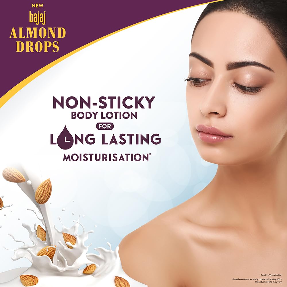 Bajaj Almond Drops Non-Sticky Body Lotion with Almond Oil & Vitamin E - 600ml Long Lasting Moisturizer for Nourished, Smooth Skin - Perfect for Daily Hydration & Dry Skin Care