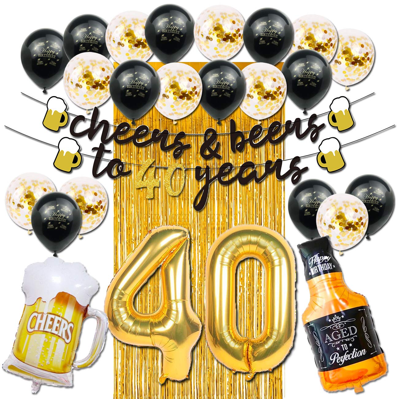Black & Gold 40th Birthday Party Decorations for Men - Cheers to 40 Years Banner, Beer Mug Balloons, Confetti & Fringe Backdrop - Perfect for 40th Anniversary Celebrations, Beer Themed Parties & Milestone Birthday Decor