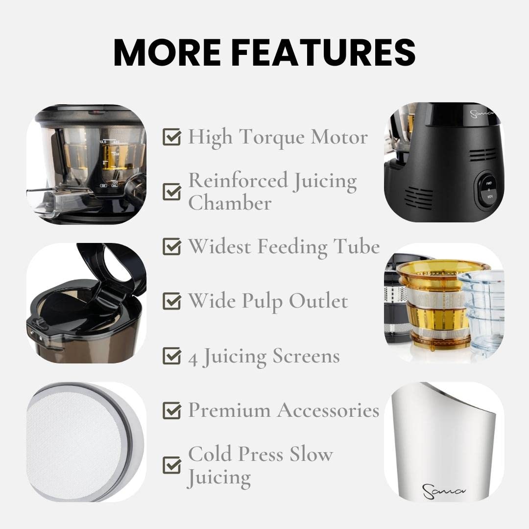 Premium SANA 868 Wide Mouth Cold Pressed Vertical Juicer - Patented Trap Door System, 240W High Torque Motor, 2 Accessories Included - 15 Year Warranty (Black) | Perfect for Healthy Juicing, Detox Drinks & Smoothies at Home or Gym