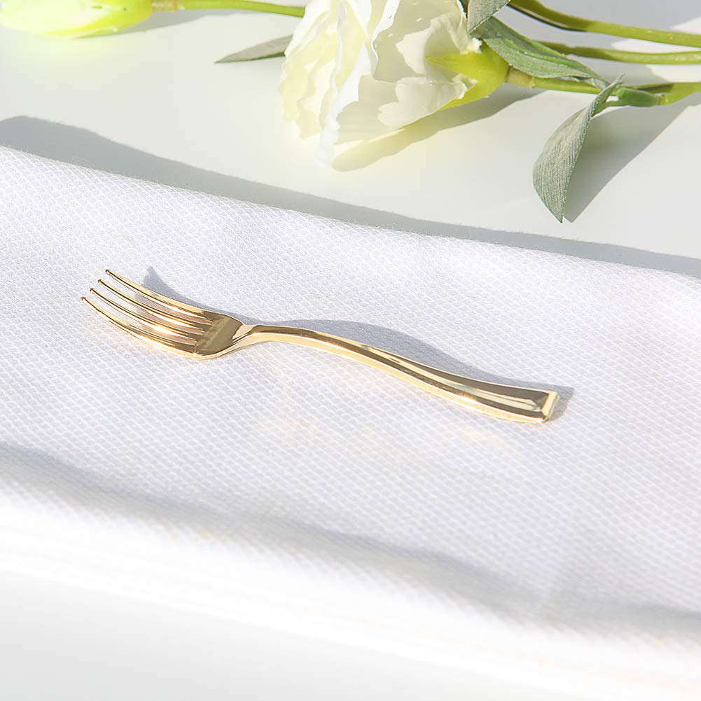 WDF Disposable Plastic Mini Forks 300-Pack (4 Inches) - Gold Heavy Duty Tasting Forks for Appetizers, Desserts, Parties, Picnics & Catering Events