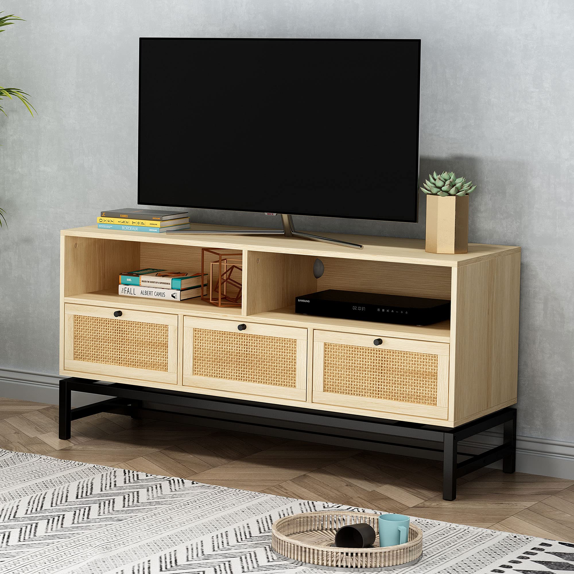 Mid Century Modern Wood TV Stand for 55 Inch TVs - Entertainment Center with 3 Drawers & Storage Cabinet - Perfect for Living Room, Bedroom & Home Theater Setup