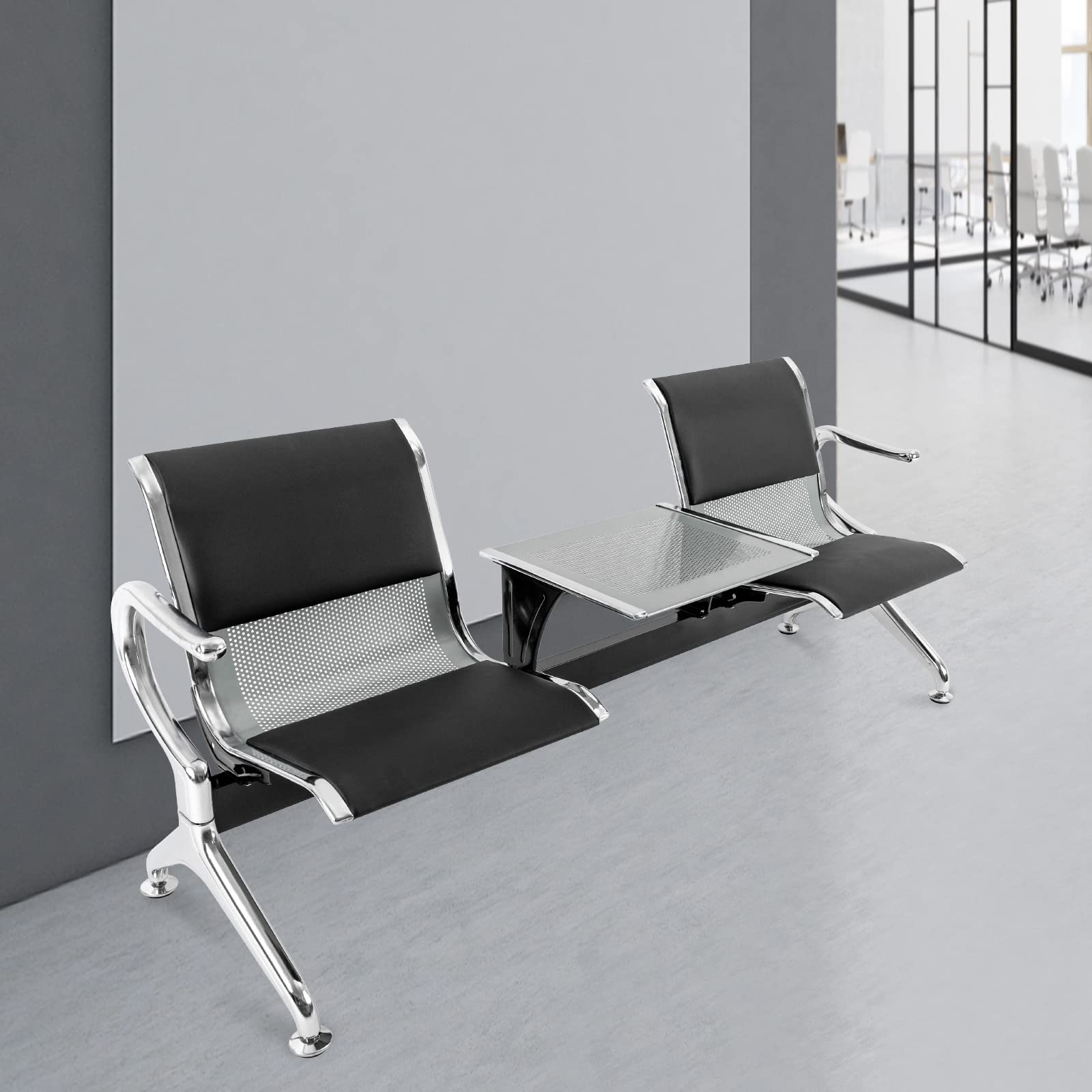 Premium 2-Seat PU Leather Reception Bench with Table & Arms - Comfortable Waiting Room Chairs for Airport, Office, Bank, Salon, Hospital & School | Ideal for Lobbies, Waiting Areas & Guest Reception Spaces