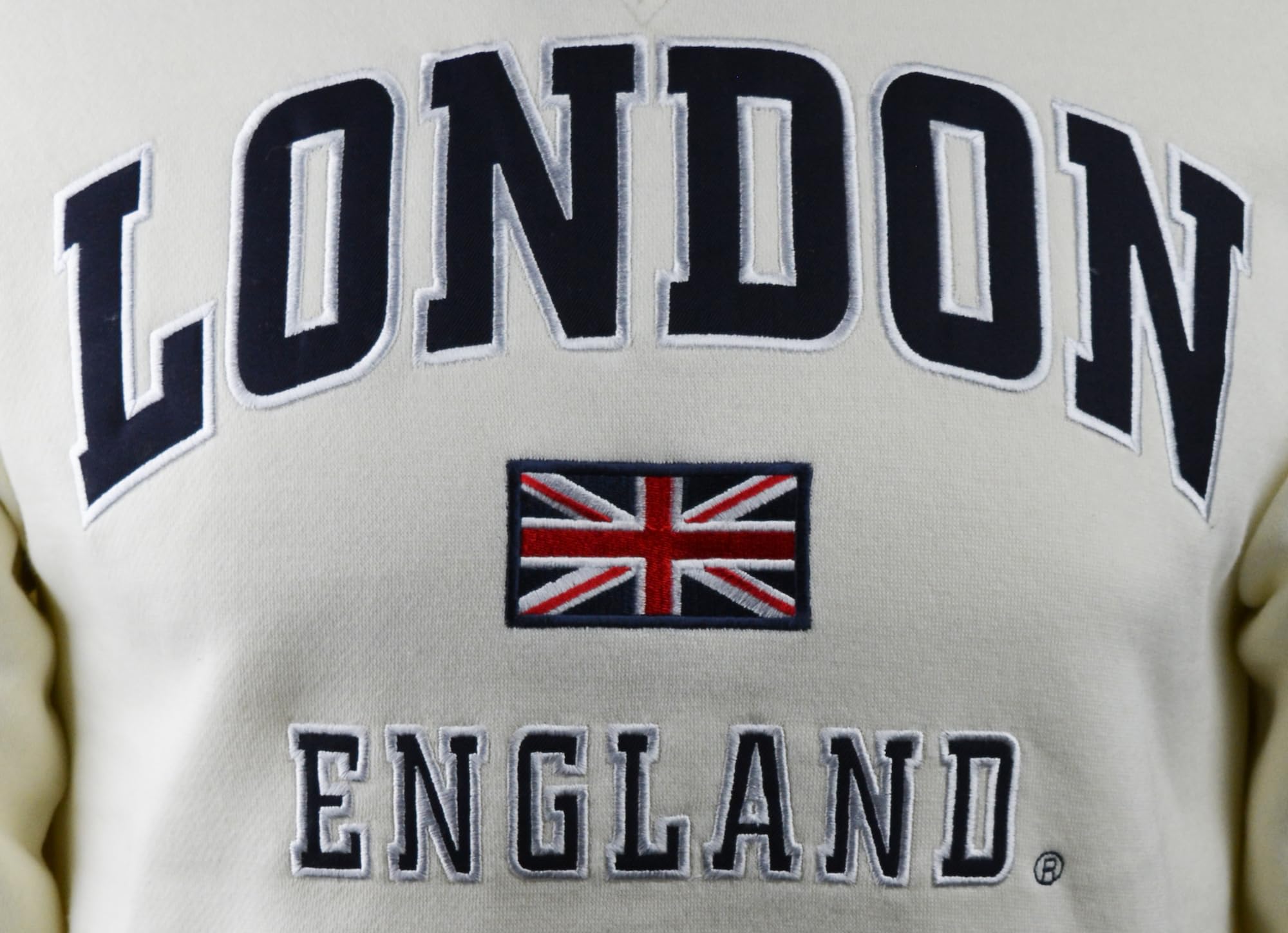 GWCC LE201OWN Unisex London England Applique Embroidery Sweatshirt - Off White with Navy Embroidery - Sizes XS to 4XL - Casual Streetwear & Travel Fashion for Men and Women