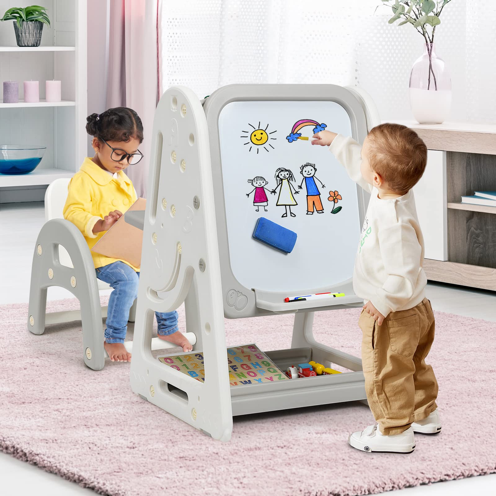 LDAILY 4-in-1 Kids Art Easel Set with Adjustable Magnetic Dry Erase Board, Chair, Markers & Letter Magnets - Double-Sided Standing Drawing Board for Toddlers & Preschoolers - Perfect for Home, Classroom & Creative Play (Grey)