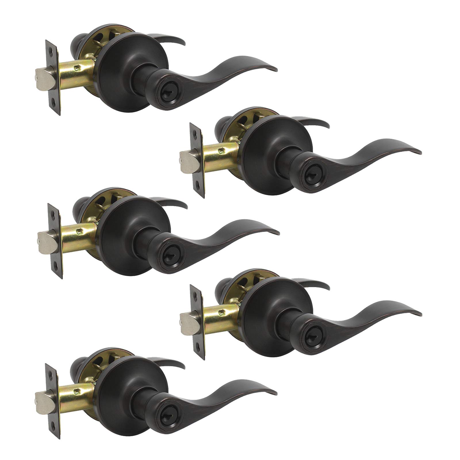KNOBWELL 5-Pack Wave Style Keyed Entry Door Lever Lock Set - Oil Rubbed Bronze Exterior/Interior Door Handles (Reversible for Left/Right Hand, Unique Keys) - Perfect for Home, Office & Commercial Security