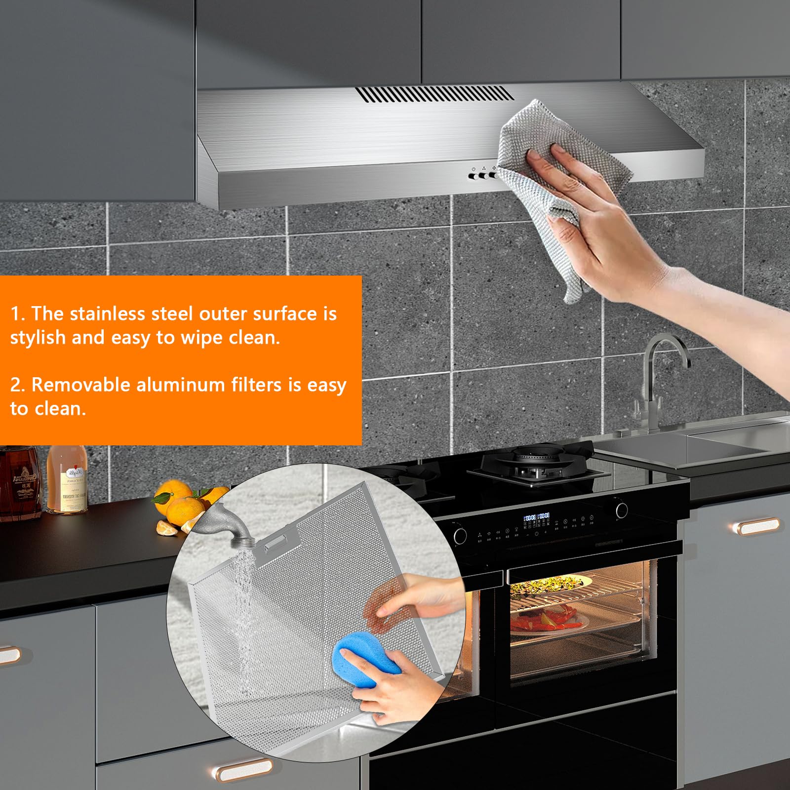 30 Inch 600 CFM Under Cabinet Range Hood - Stainless Steel Kitchen Vent Hood with 3 Speed Exhaust Fan & LED Lights | Strong Suction for Duct/Ductless Convertible | Perfect for Small Kitchens, Apartments & Remodeling Projects