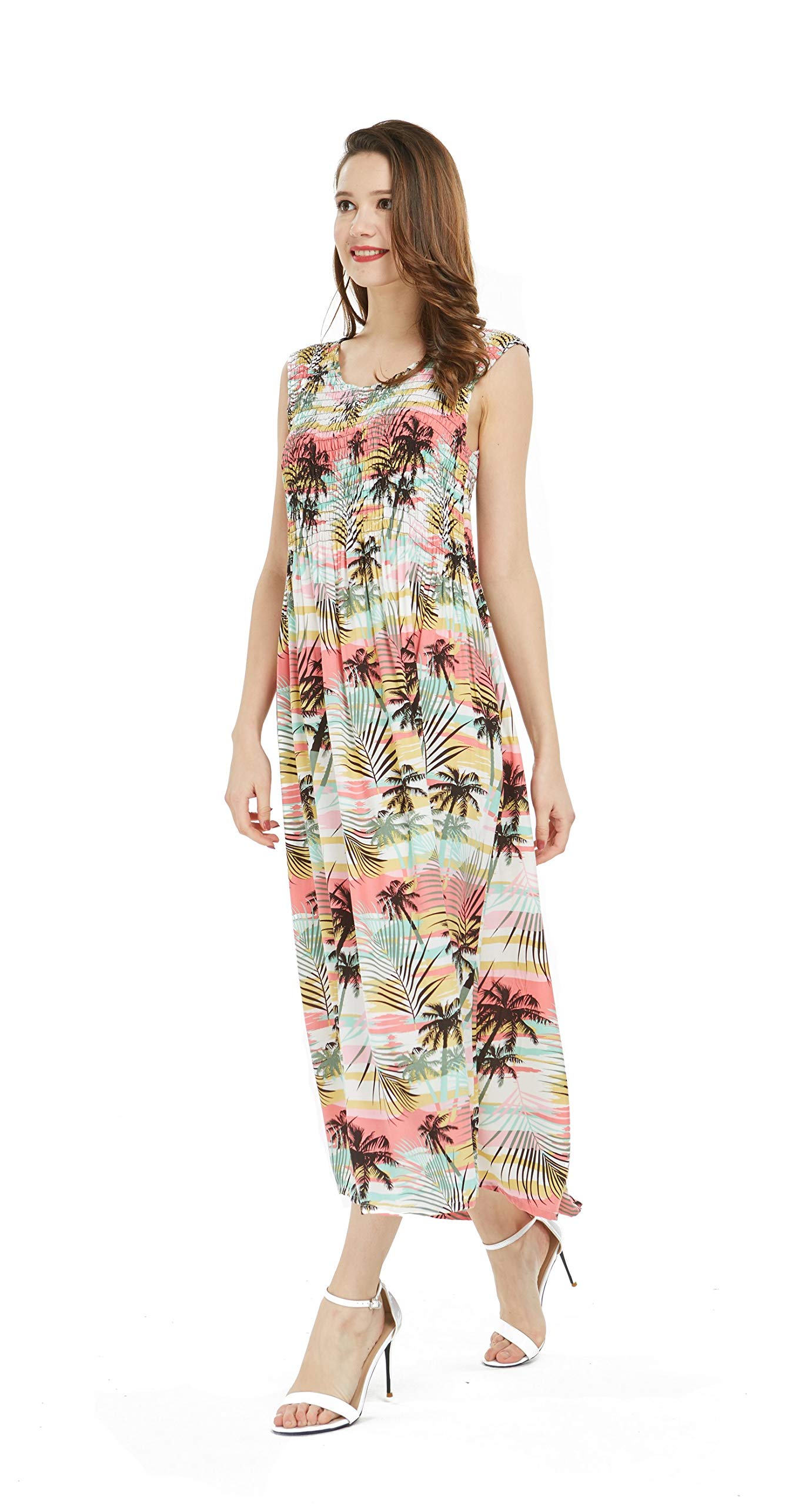 Hawaiian Maxi Tank Dress for Women - Elastic Luau Dress with Sunset Floral Print | Perfect for Beach Vacation, Summer Party & Tropical Getaway